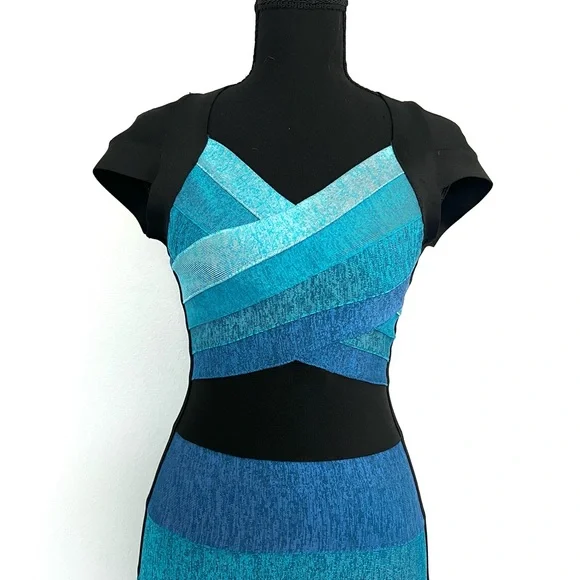 VENUS Teal and Black Striped Bandage Midi Dress - Picture 6 of 13